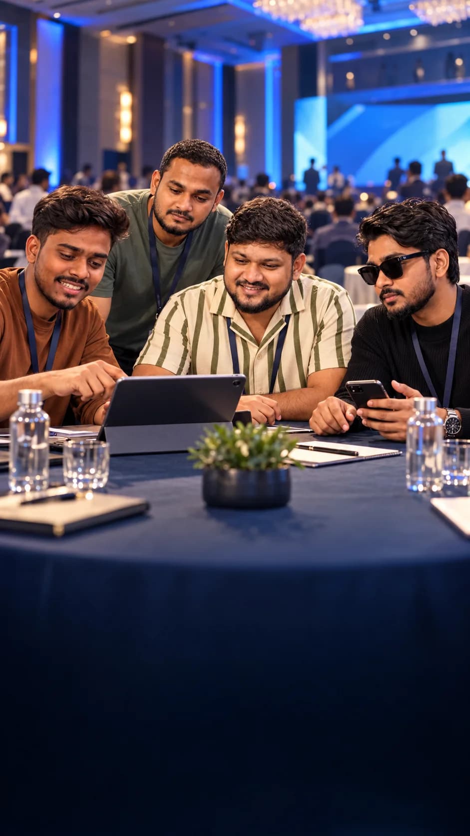 Colleagues reviewing shared expenses on a tablet at a conference
