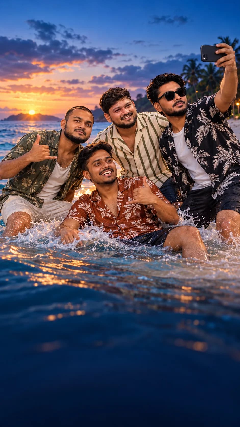 Four friends taking a selfie in the sea at a Goa beach sunset